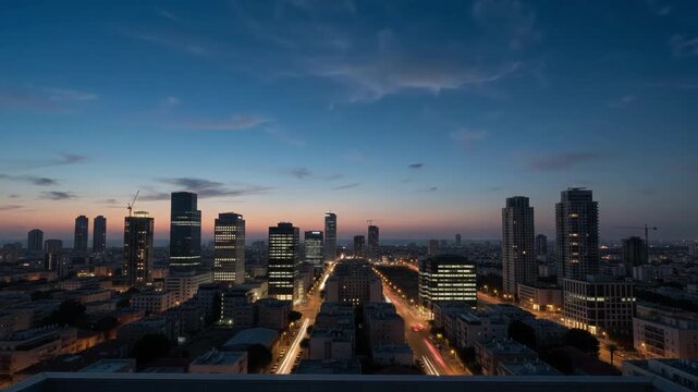 Tel Aviv city skyline time lapse transitioning from sunset to night