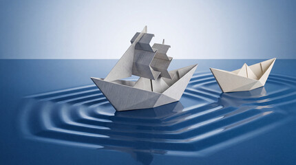 Fototapeta premium Conceptual image of origami paper boats sailing on blue rippled water background representing business leadership, innovation, and journey towards success in a minimalist creative style.