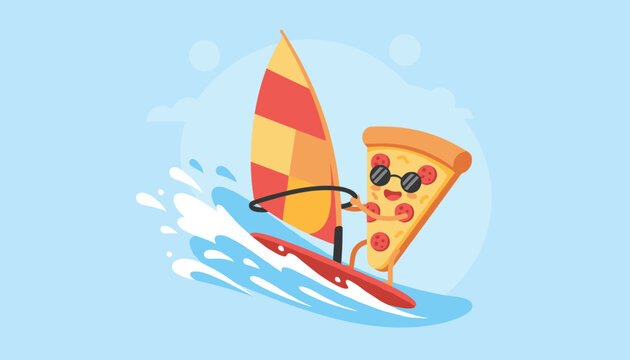 Fun cartoon pizza slice character windsurfing actively over high blue ocean waves on a sunny warm summer day.