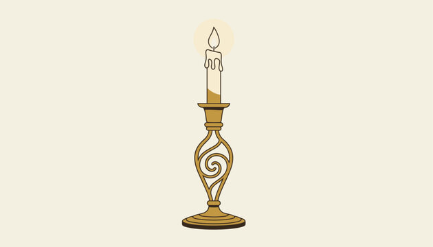 Elegant lit white wax candle glowing warmly on a highly detailed vintage brass candlestick holder stand object.