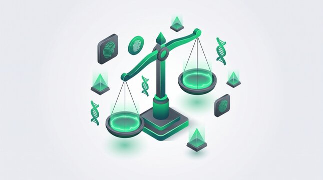 Modern isometric legal scale with biometric DNA and fingerprint icons representing digital justice and forensic investigations.