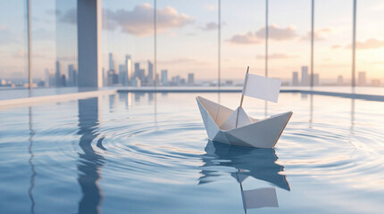 Fototapeta premium White Paper Boat with Blank Flag Floating on Calm Water Surface with Ripples Against a Blurred Modern City Skyline at Sunset, Symbolizing Business Leadership, Startup Journey, and Vision