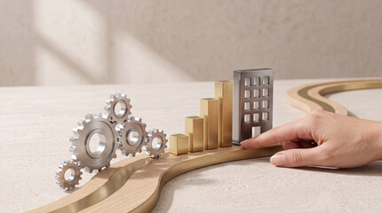 Fototapeta premium Conceptual Image Representing Business Growth and Industrial Automation Featuring Golden Bar Charts, Silver Metallic Gears, and a Miniature Office Building on a Curved Success Path.