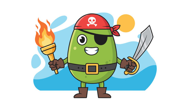 Cute avocado pirate cartoon character holding a burning torch and a sword while wearing an eyepatch and red bandana skull cap.