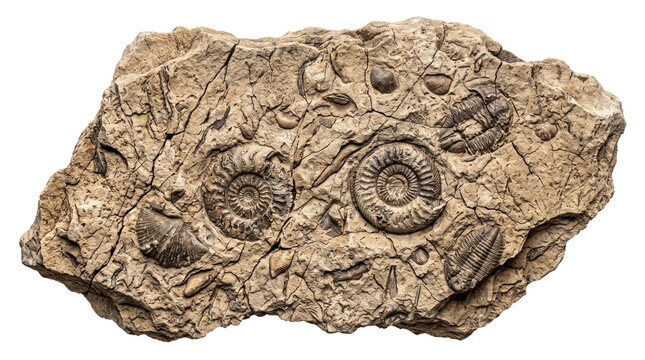 Ancient fossilized ammonite and trilobite imprints in beige limestone, prehistoric geological stone texture, natural sedimentary rock with era fossils