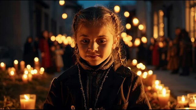 Child girl on night All Saints Day in decorated church burn candle AI Generative