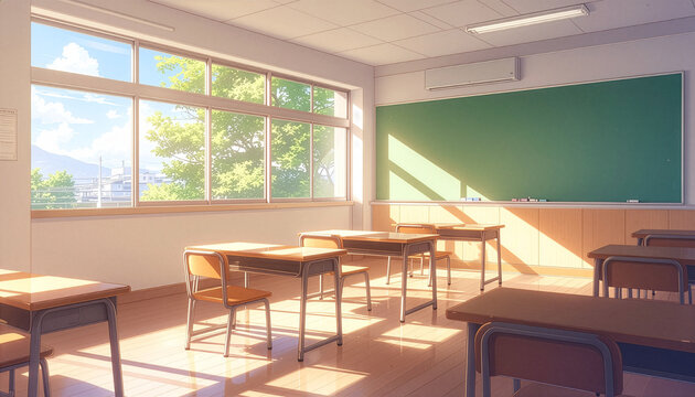 窓の外に新緑が広がり夕陽が木製の机を照らす明るい教室のアニメ風背景イラスト（学校・青春）
