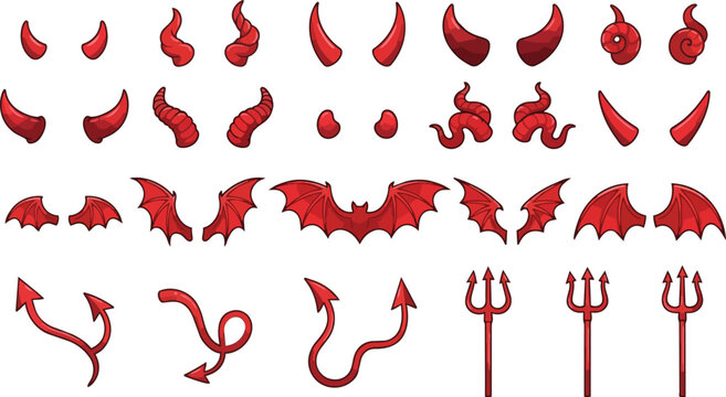 Red devil horns wings and tails vector collection set on transparent background