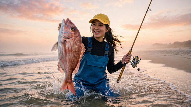 Happy woman holding large fish caught at the beach during sunrise