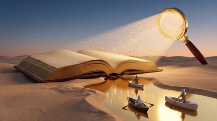 Fototapeta premium Conceptual surreal art of a giant open book in a desert landscape with tiny people rowing on a golden river and a magnifying glass illuminating the scene as a symbol of discovery and knowledge.