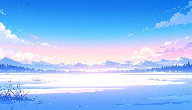 朝焼けのグラデーション空と雪原の向こうにそびえる連峰のアニメ風背景イラスト（冬・雪山・パステル）