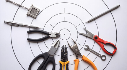 Fototapeta premium Collection of hand tools including pliers, scissors, and wire strippers arranged on a white bullseye target background, representing precision, repair goals, and professional craftsmanship.