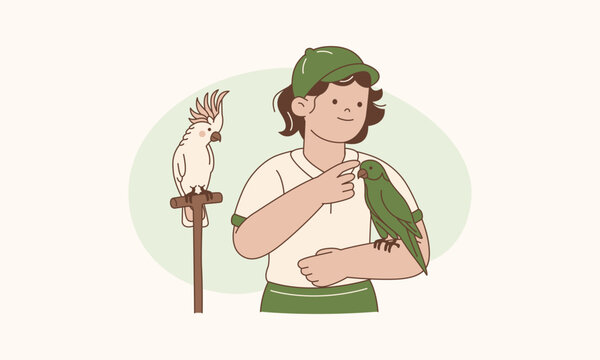 Cartoon Woman with Parrot and Cockatoo