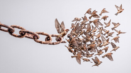 Fototapeta premium Conceptual Illustration of a Rusty Broken Metal Chain Releasing a Large Flock of Small Birds Flying Toward Freedom on a Neutral Background Representing Liberation, Hope, and Escape from Bondage