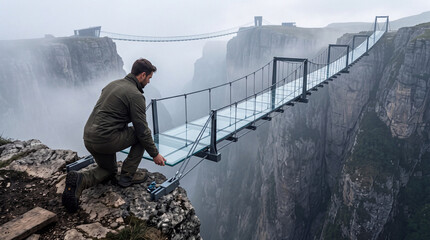 Fototapeta premium Professional worker or engineer carefully installing a transparent glass floor panel on a high-altitude suspension bridge spanning across a deep and foggy mountain canyon gorge.