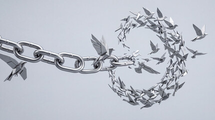 Fototapeta premium Conceptual 3D Illustration of a Broken Metal Chain Transforming into a Flock of Metallic Origami Birds Flying in a Spiral, Symbolizing Freedom, Liberation, Breakthrough, and Spiritual Growth.