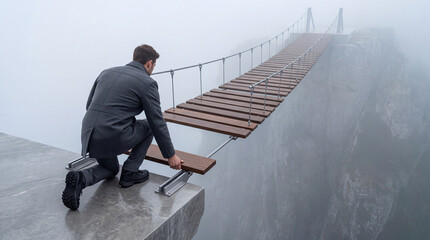 Fototapeta premium Businessman in a grey suit building a wooden suspension bridge over a foggy mountain abyss, conceptual image representing strategy, risk management, and overcoming business challenges.