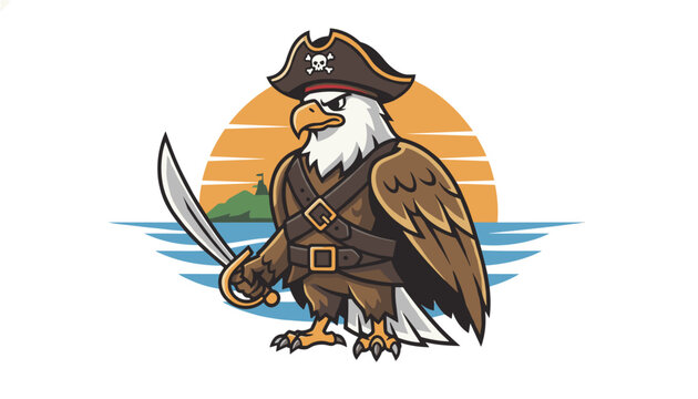 Powerful bald eagle pirate mascot character holding a cutlass sword in front of a scenic sunset ocean background.