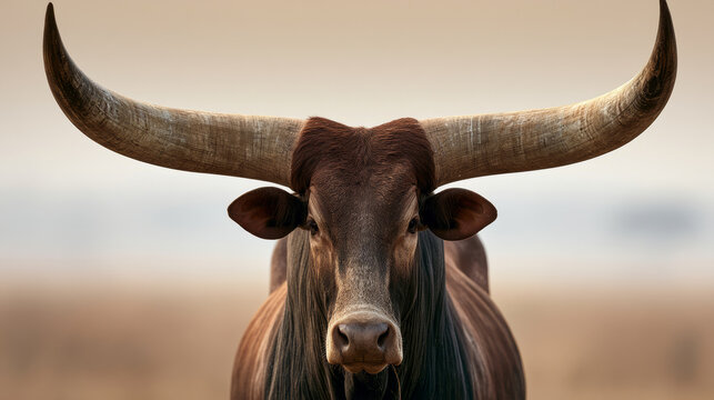 Powerful long-horned cattle looking at camera, soft blurred savanna background. African breed, strength and wildlife concept.
Keywords: ankole, watusi, bull, cattle, horn, longhorn, africa, portrait, 