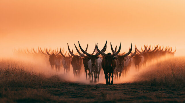 Line of long-horned cattle advancing through misty grassland under glowing orange sky. African wildlife migration and beauty of nature concept.