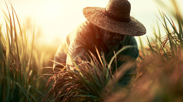 Experienced rice farmer in straw hat working in glowing paddy field bathed in warm sunset light. Agriculture, harvest, traditional farming and rural livelihood concept.