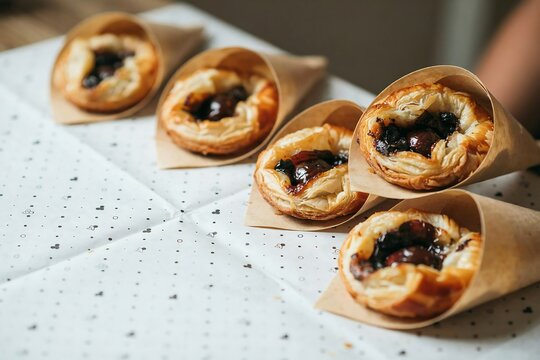 Five flaky cherry danish pastries served in individual brown paper cones on a dotted surface