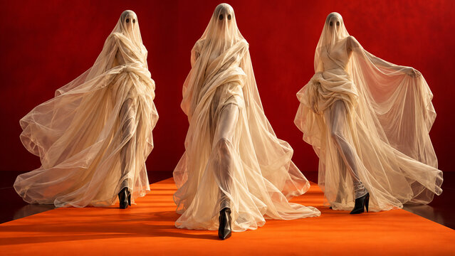 Surreal Halloween scene with three ghostly figures in flowing cream fabric and black heels against a vivid red background, ideal for posters, banners, cards and fashion editorials.