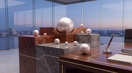 Fototapeta premium Luxury executive office interior with marble pedestals and lustrous pearls on display, modern wooden desk with fountain pen against panoramic city skyline background at dusk for banking and finance.