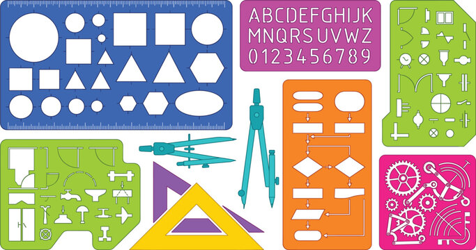 Colorful drafting stencils and geometric drawing tools set for architecture, engineering, and flowchart design