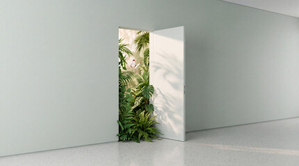Fototapeta premium Open white door in a minimalist empty room leading to a lush tropical jungle garden with green plants, monstera leaves and a butterfly, concept of freedom, sustainability, and new beginnings.