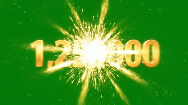 Golden fast counting numbers animation with lens flare and particle effects on green screen golden numbers