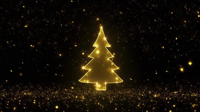 金のクリスマスツリーと光粒 黒背景ループ動画