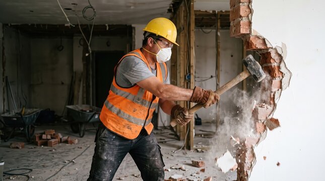 Construction worker breaking a wall with a sledgehammer