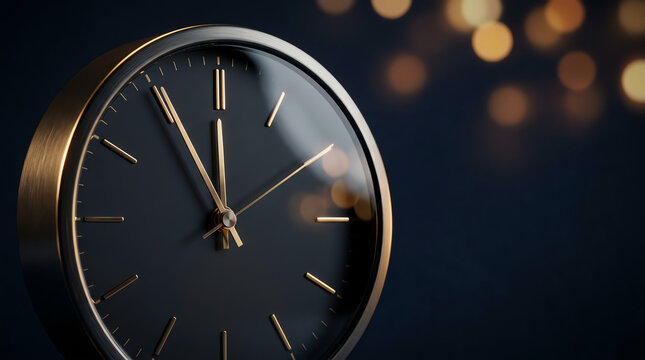 Elegant clock face showing nearly midnight with blurred festive background lights