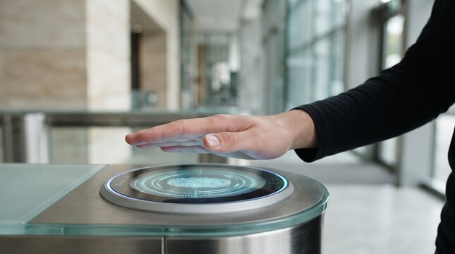 Biometric access control system and security scanner photo. Person scanning hand over futuristic round glass reader with glowing blue interface. Corporate office building entrance security checkpoint