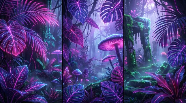 Enchanted fairytale forest background with glowing bioluminescent purple mushrooms and exotic tropical leaves illuminated by magical neon light rays.