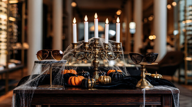 Sunglasses placed among festive pumpkins and a lit candelabra, decorating an eyewear store for autumn holidays and events