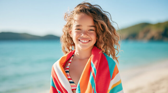 Little girl with afro hair smiling on beach, enjoying summer vacation, happiness and freedom concept