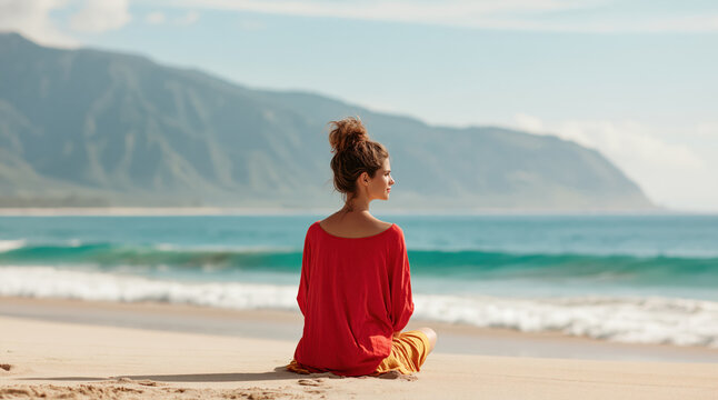 Woman meditating on beach finding peace and freedom, looking at ocean horizon during sunset or sunrise