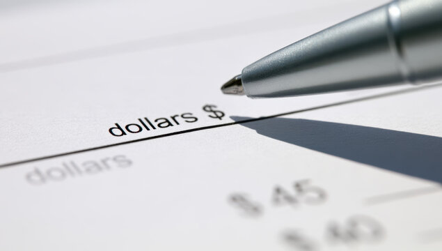 Pen hovering over dollars currency symbol on a financial document, focusing on money and business payment concept