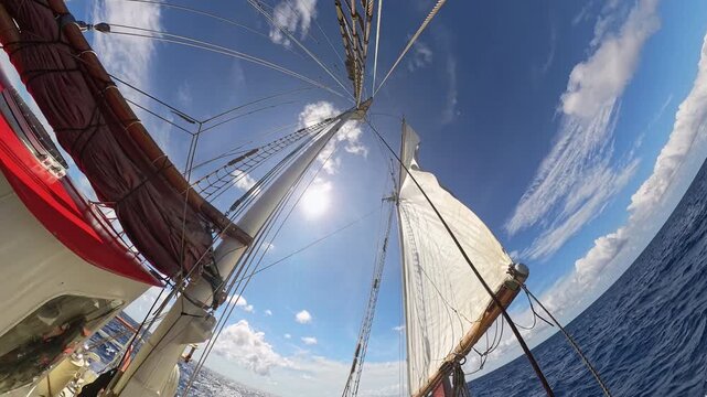 Sailing boat sails in the sea. Detail of the sailing boat