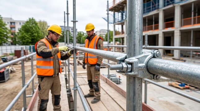 Two construction workers building metal scaffolding on site
