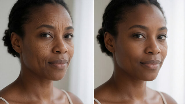 Before and after skincare comparison of a mature black woman. Left side shows wrinkle and aging skin, right side shows smooth rejuvenated skin