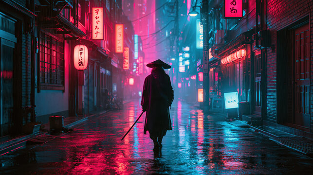 Ronin walking wet street in futuristic japan under neon lights and cyberpunk cityscape at night