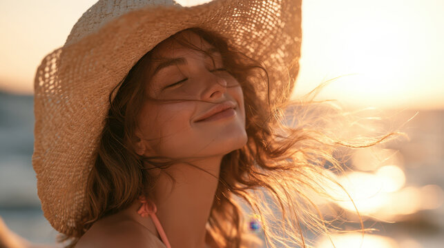 Woman enjoying golden hour sunset on beach, smiling with closed eyes, feeling wind in her hair and straw hat