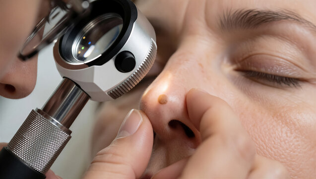 Close-up of a dermatologist using a dermatoscope to examine a mole on a patient's nose. Doctor performing a skin cancer screening in a medical clinic