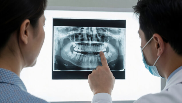 Professional dentist and patient examine a dental X-ray on an illuminated screen. This image depicts crucial oral health diagnosis and consultation in a modern clinic