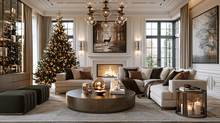 Obraz premium Spacious living room featuring a decorated Christmas tree, glowing fireplace, comfortable sectional sofa, and stylish holiday accents