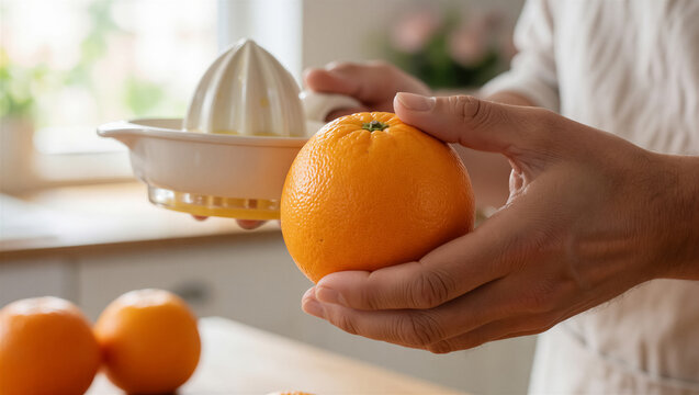 Close-up of a person holding a fresh orange and a citrus juicer in a bright kitchen. Preparing healthy juice for breakfast to support a wellness lifestyle