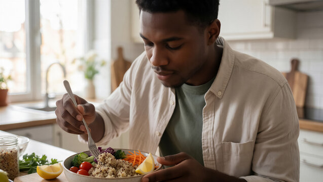 A young black man prepares to eat a healthy quinoa bowl with fresh vegetables in a bright kitchen. This nutritious meal includes broccoli, tomato, and lemon